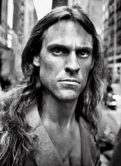 Image similar to portrait of tarzan walk over the street of new york, by charlotte grimm, natural light, detailed face, beautiful features, symmetrical, canon eos c 3 0 0, ƒ 1. 8, 3 5 mm, 8 k, medium - format print, half body shot