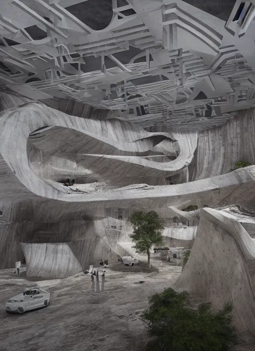 Image similar to art exhibition, architecture installation in biennale venezia, bioremediation white mining tailing futuristic horizontal architecture, epic, cinematic, hyperealistic, high detailed, corona render, hdr, ray tracing