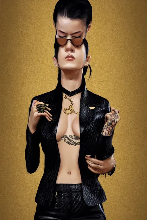 Image similar to yakuza slim girl, gold suit jacket in snake print, jacket over bare torso, yakuza tattoo on body, black short curtain haircut, black leather pants with black belt, portrait, elegant, 2d, ultra highly detailed, digital painting, smooth, sharp focus, artstation, art by Ilya Kuvshinov, rossdraws