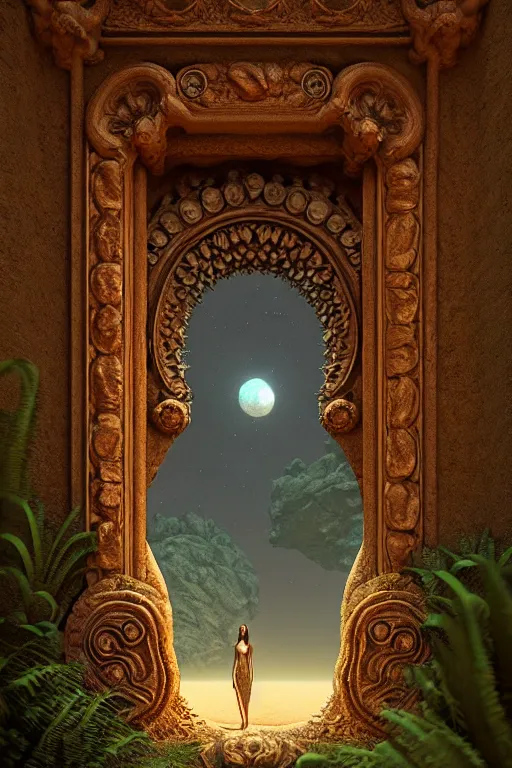 Image similar to ornate doorway to a monolith in a desert lush vegetation, warm tones, night, water reflection : : by michal karcz, daniel merriam, victo ngai and guillermo del toro : : ornate, dynamic, particulate, intricate, elegant, highly detailed, centered, artstation, smooth, sharp focus, octane render, 3 d