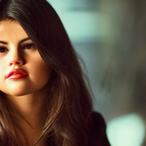 Image similar to close-up of Selena Gomez as a detective in a movie directed by Christopher Nolan, movie still frame, promotional image, imax 70 mm footage