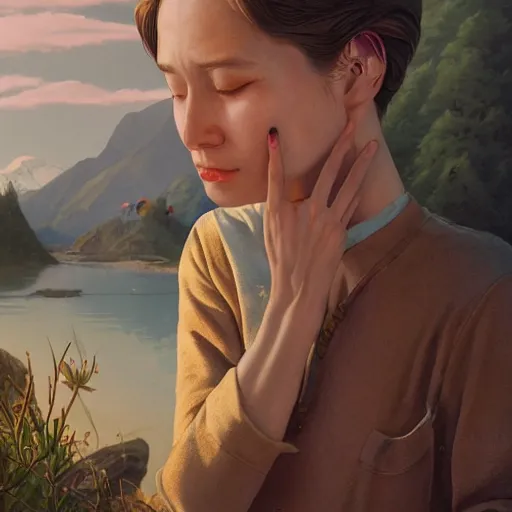 Image similar to a beautiful scenic painting by artgerm and wlop and wes anderson and spike jonze