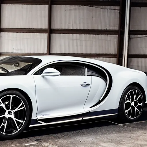 Image similar to an abandoned, derelict, ( really rusty ) bugatti chiron in a dirty warehouse