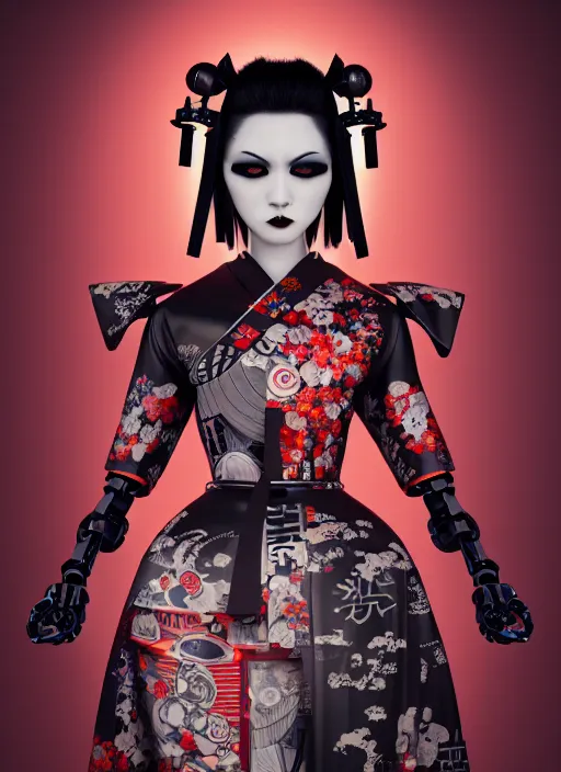 Image similar to full body portrait of a gothic style japanese robot geisha with kanji tattoos and decals wearing a digital pixelated kimono, intricate design, photo - realistic, octane render, dark colour palette, ultra fine detailed, character design, trending on artstation