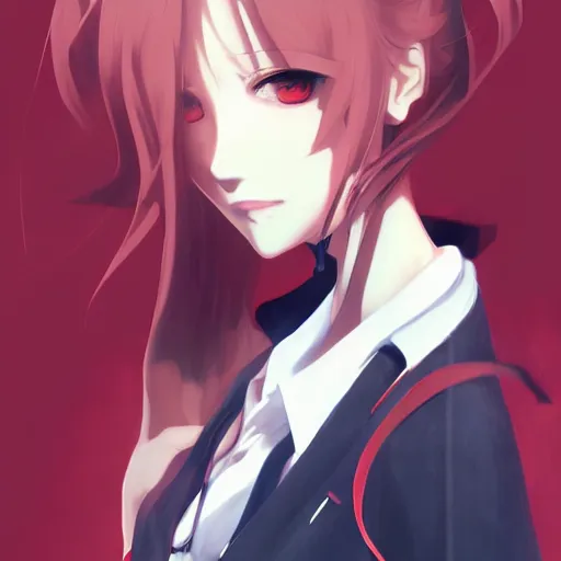 Image similar to kurisu makise, elegant, ultra highly detailed, digital painting, smooth, sharp focus, artstation, top-down shot, red background, art by Ina Wong