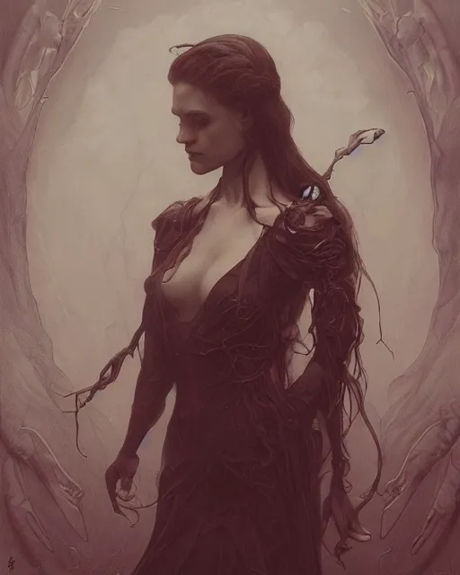 Image similar to portrait of the embodiment of darkness by Valentina Remenar, artgerm, trending on artstaton, intricate, haunting, matte painting, moody lighting, Romanticism, oil painting, hyperrealistic, James Jean, Daniel Gerhartz, maya adam, symbolism, Gerald Brom, J.C. Leyendecker, Alphonse Mucha, Mike Mignola, Akihiko Yoshida, intense atmospheric, intricate, ornate, lightforged, character concept, cgsociety