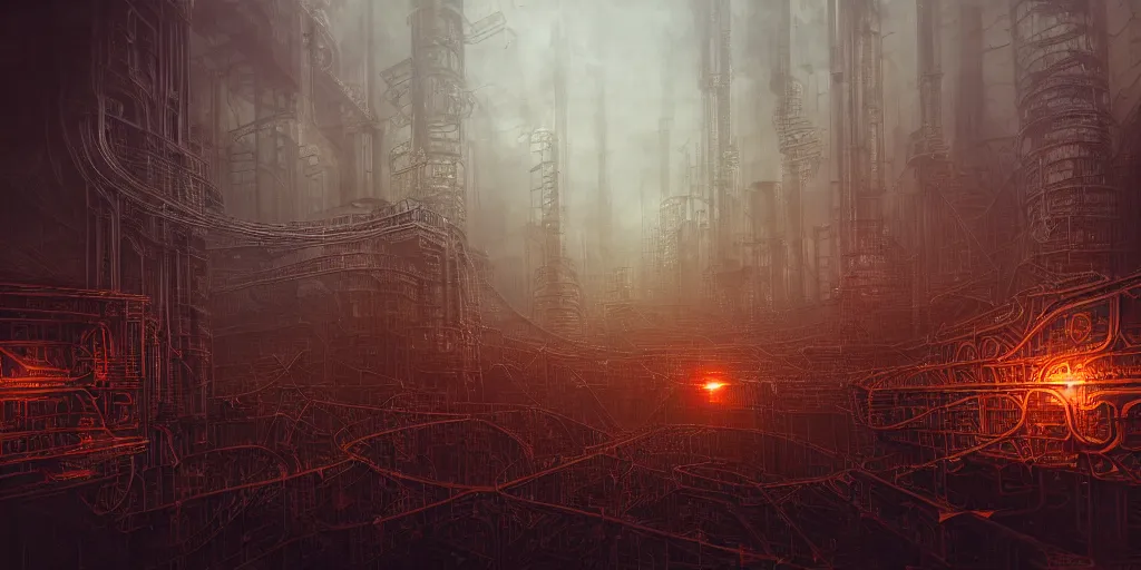 Prompt: futuristic dystopian endless, intricate, complex, labyrinthine, byzantine, tangled, industrial megafactory complex, smokestacks, pipelines and ducts and vents, science fiction landscape painting, steampunk, mist, night, gloomy, dark, dramatic, cinematic, volumetric lighting, gods eye view