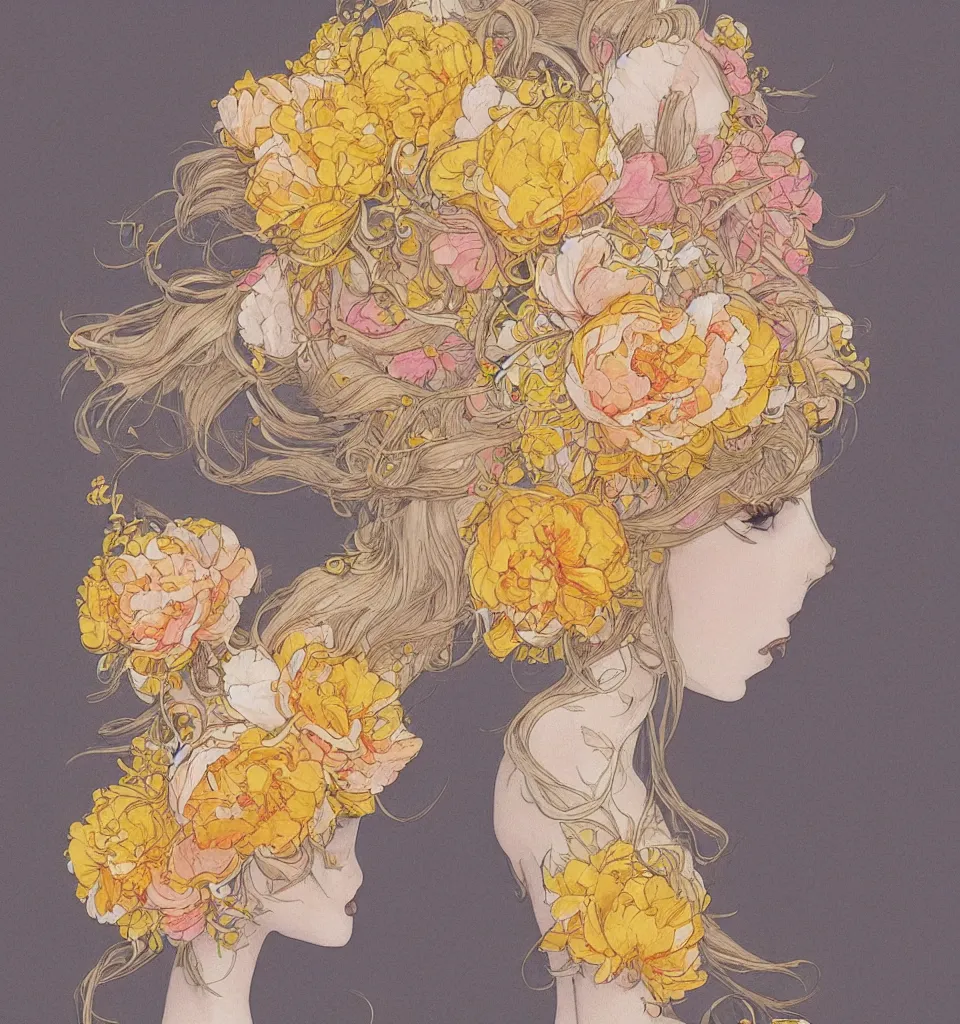 Prompt: beautiful hairpiece made of yellow, cream, light orange and ivory flowers, peonies, illustration by james jean and moebius, pastel colors,