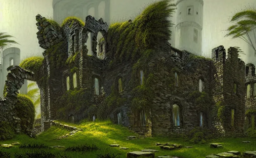 Image similar to ruins of an old castle covered by plant and moss by greg ruthkowski and craig mullins and caspar david friedrich