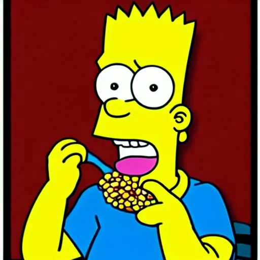 Image similar to “Bart Simpson as a real boy eating Fruit Loops”