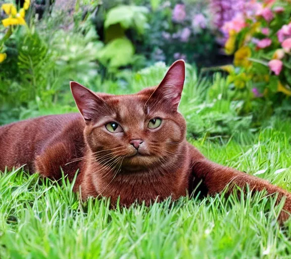 Image similar to photo - realistic picture of a brown cat in a garden.