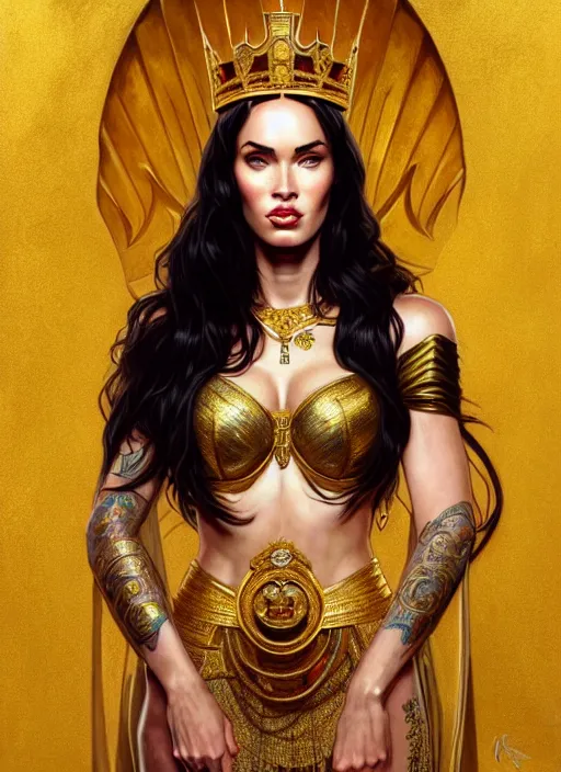 Image similar to portrait of megan fox as a queen, throne, jewelry, greek, yellow, intricate, headshot, highly detailed, digital painting, artstation, concept art, sharp focus, cinematic lighting, illustration, art by artgerm and greg rutkowski, alphonse mucha, cgsociety