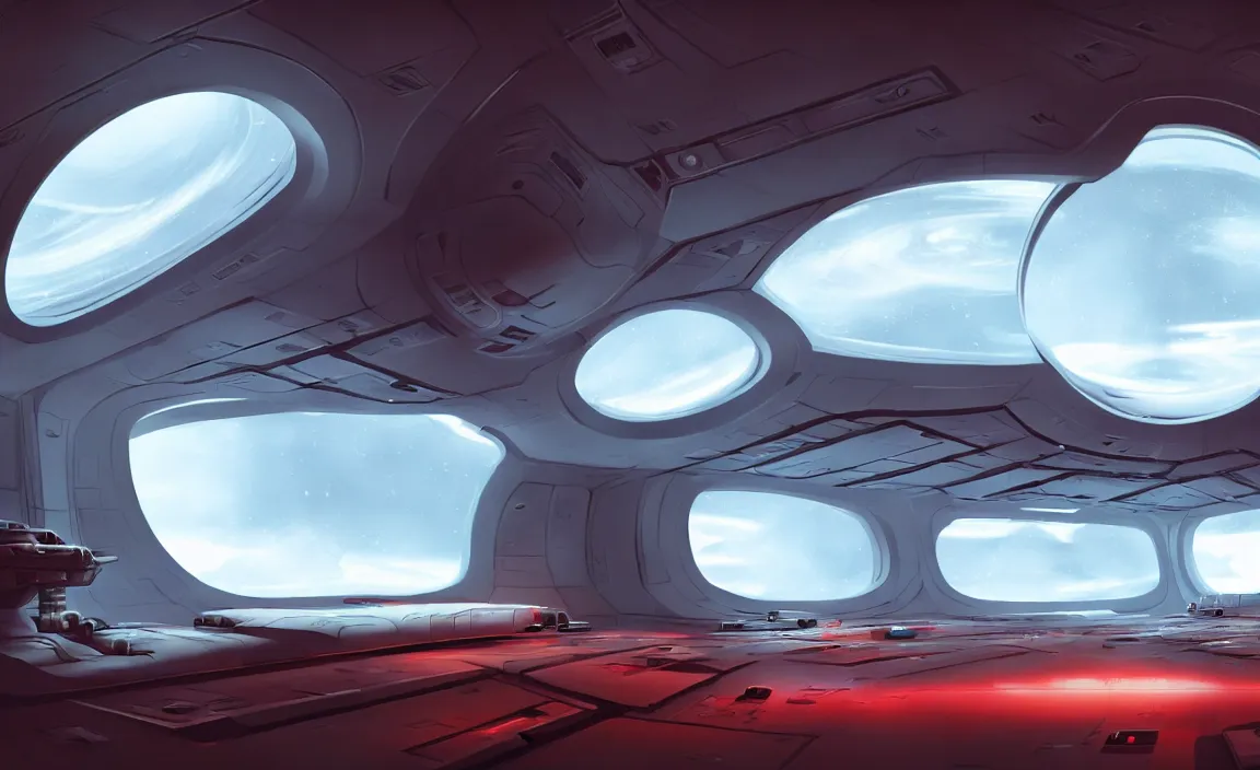 Prompt: epic professional digital art of interior scene of large white cargo bay in a spaceship with upright glass sleeping pods lining wall and huge glass windows overlooking a lush red alien planet, 4 k, cinematic, detailed, best artstation, cgsociety, epic, stunning, gorgeous, wow wow detail