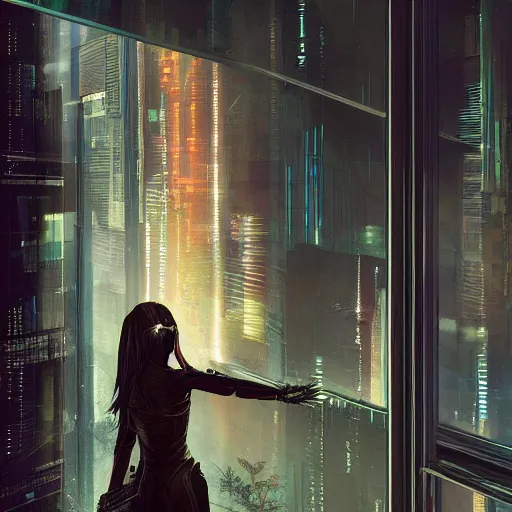 Prompt: portrait of cyberpunk woman looking out of a window, cyberpunk setting, futuristic, highly detailed, intricate lighting, digital painting, sharp focus, illustration, trending on artstation, art by marc simonetti.