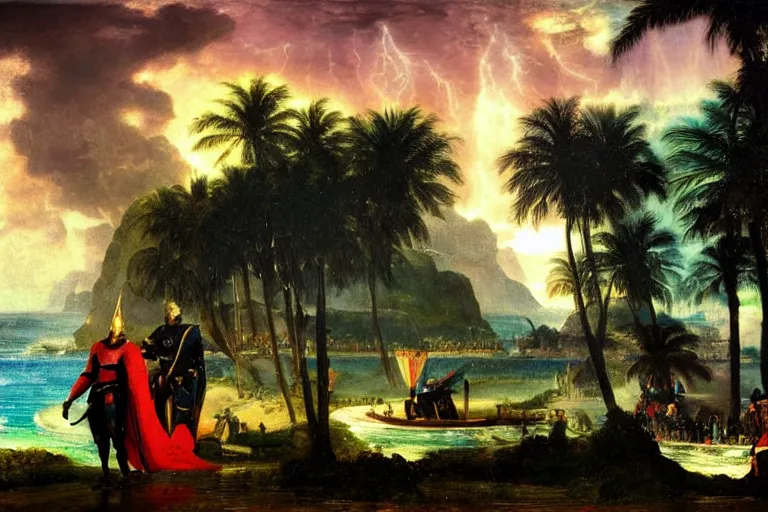 Prompt: Close-up of the Knight leaving the palace, refracted sparkles, thunderstorm, beach and Tropical vegetation on the background major arcana sky and symbols, by paul delaroche, hyperrealistic 4k uhd, award-winning, very detailed paradise