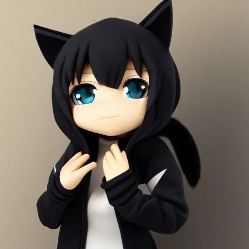 Prompt: cute fumo plush of a catgirl in a hoodie, anime girl, anime ears, chibi, black and white, vray