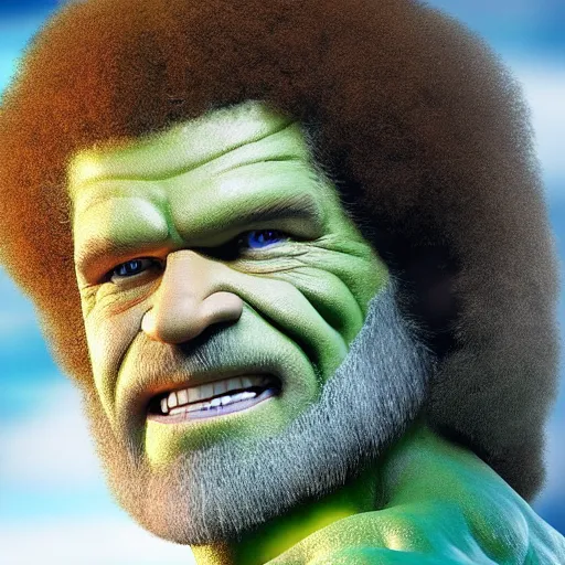 Image similar to photomanipulation of BOB ROSS as hulk with human flesh, marvel, fully detailed, volumetric lightening, octane render, 8k, masterpiece, epic composition