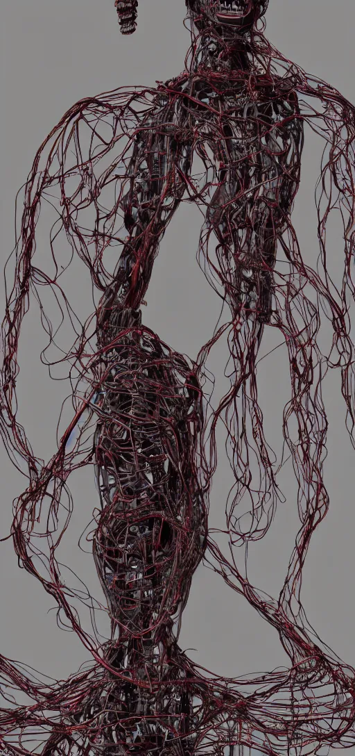 Prompt: human figure consumed by wires and machinery, scary, body horror, human bodies, disturbing, weird, creepy, 4K