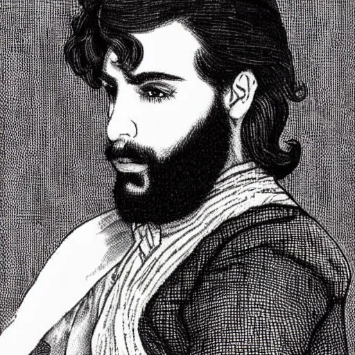 Image similar to prince with a thick beard and long hair, Arabic