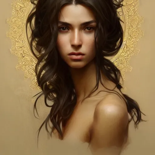 Image similar to Instagram Model, olive skin, long dark hair, beautiful bone structure, intricate, elegant, highly detailed, digital painting, artstation, concept art, smooth, sharp focus, illustration, art by artgerm and greg rutkowski and alphonse mucha