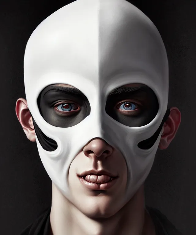 Prompt: white young man with black fabric mask, highly detailed face!!!, true anatomy!, extremely detailed!, digital painting, unreal engine 5, art by tom bagshaw