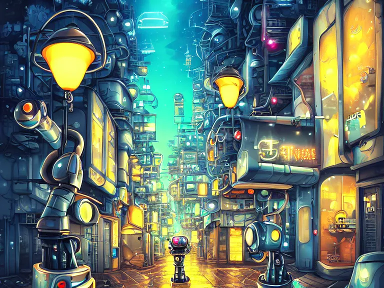 Prompt: street view of futuristic machinarium tokyo at night by cyril rolando and naomi okubo and dan mumford and ricardo bofill. robots. robots walking the streets. advertisements for robots. robotic elegant lamps