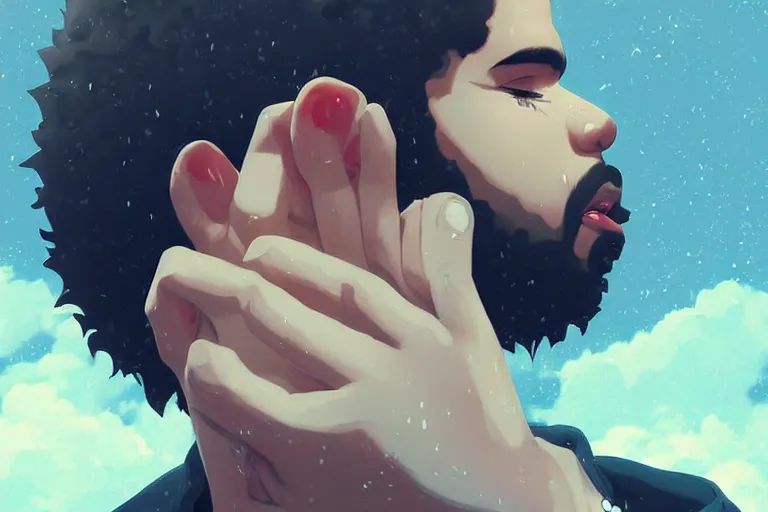 Prompt: Pixiv Digital art Full Body Extreme Detailed Full and Isolated and singular portrait of Drake crying tears sitting on a Cloud in the sky. His tears pour down like rain in the scene is full of clouds and raining by Ilya Kuvshinov and Greg Rutkowski