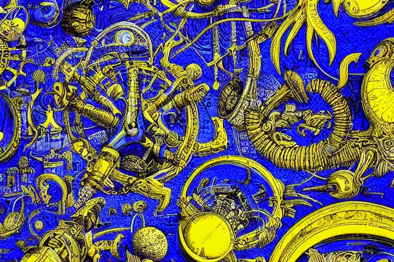 Prompt: vibrant nocturnal blue and yellow and black future cityscape by Joe Fenton and Ernst Haeckel