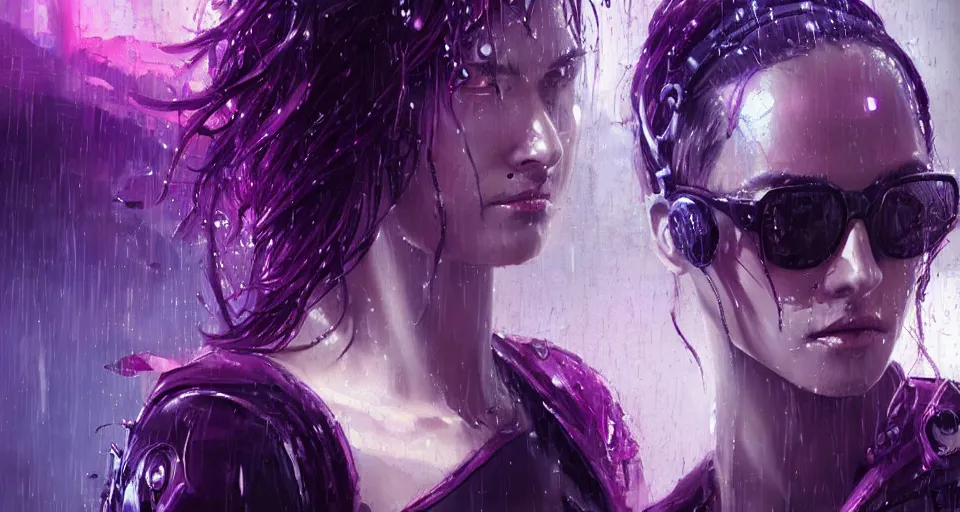 Prompt: very detailed masterpiece painting of a very beautiful wet young cyberpunk woman with sunglasses, dark purple hair and cybernetics, closeup, cyberpunk background, purple lighting, raining, portrait, artstation, concept art by greg rutkowski