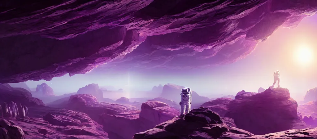 Prompt: one astronaut on purple [ [ [ crystal ] ] ] caves, amethyst, beautiful dynamic lighting, cinematic, wide angle establishing shot, extremely high detail, photo realistic, cinematic lighting, artstation, matte painting, style by frederic church, raphael lacoste, greg rutkowski, roger deakins