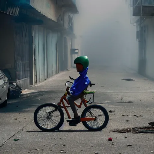 Prompt: a photo of a boy wearing a hazmat suit, riding a bike, side-view, smoke in the background, filthy streets, broken cars. Vines growing. Jpeg artifacts. Full-color photo. 4K UHD. Color color color color color. Award-winning photo. Samyang/Rokinon Xeen 50mm T1.5