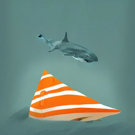 Image similar to broken orange and white striped traffic cone filled with shark teeth, ocean background detailed atmospheric - ron cheng & alphonse mucha, highly detailed, digital painting, ray tracing, concept art, illustration, smooth sharp focus, intricate, symmetry, artstation,