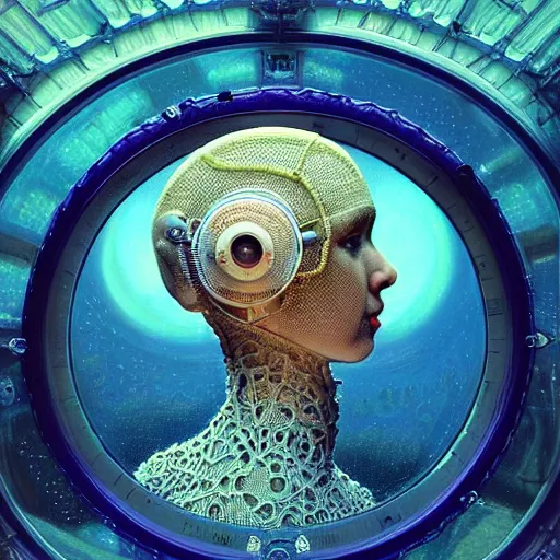 Prompt: realistic extremely detailed photo style portrait painting of a complete astronaut suit with exposed diamond 3d fractal lace iridescent bubble 3d skin clear brain , retro futuristic ,water , style hybrid mix of beeple,Anton Pieck,Jean Delville, Amano,Yves Tanguy, Alphonse Mucha, Ernst Haeckel, Edward Robert Hughes,Stanisław Szukalski , rich moody colors,diamond dust glitter and sparkles, holographic krypton ion,blue eyes,octane render,4k,f32