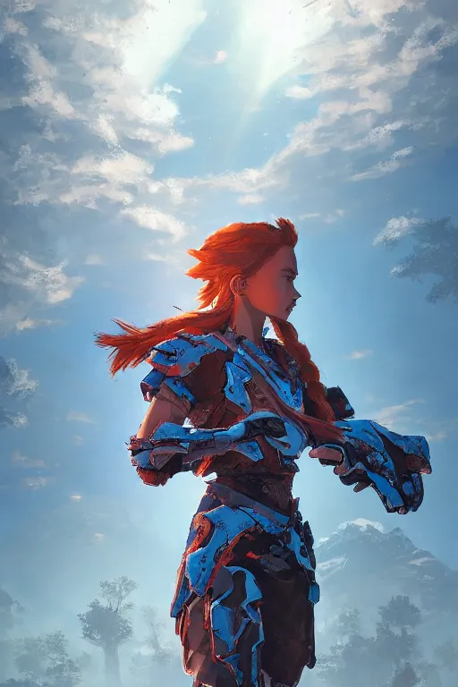 Image similar to combination suit armor aloy horizon forbidden west horizon zero dawn radiating a glowing aura global illumination ray tracing hdr fanart arstation by ian pesty and alena aenami artworks in 4 k tribal robot ninja mask helmet backpack