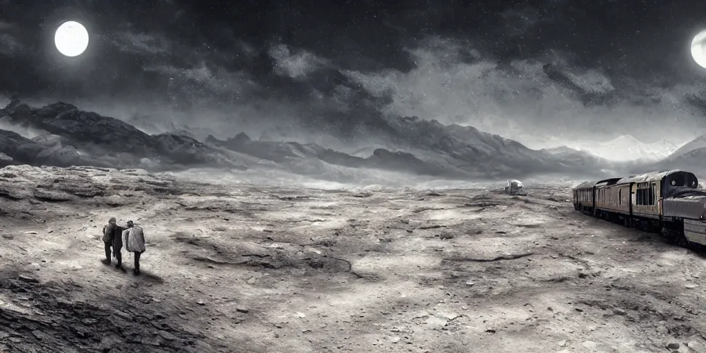 Prompt: ! dream ultra realistic illustration, an outdoor on the moon with an old broken train, lunar landscape, elegant, highly detailed, artstation, concept art, smooth, sharp focus, moody, dramatic lighting