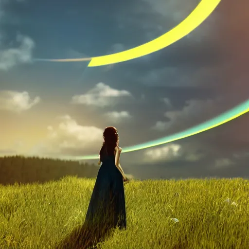 Prompt: silhouette profile of woman with flowing hair overlooking an expansive green hillside while leaves and a blue-yellow sky beam, extremely moody lighting, glowing light and shadow, atmospheric,, complex,symmetrical , 3-point perspective, high resolution, PBR, path tracing, volumetric lighting, octane render, arnold render