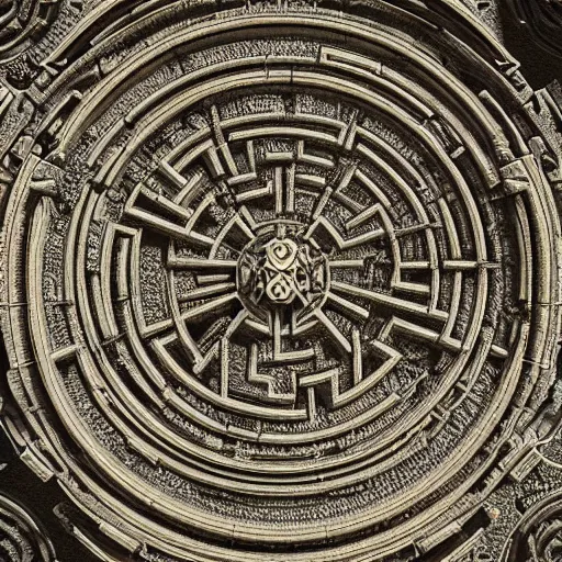 Image similar to Aereal view of an ancient intricate labyrinth, intricate, baroque, wonderland, photorealistic, photography, octane, high definition, detailed, 8k, artstation