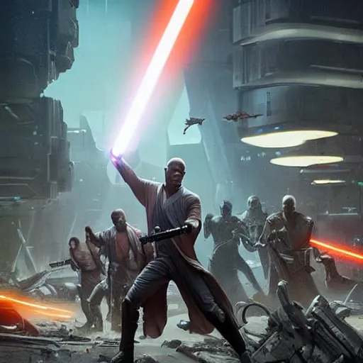 Image similar to mace windu holding a lightsaber fighting a group of dinosaurs in a destroyed cyberpunk city with lasers flying through the air by greg rutkowski