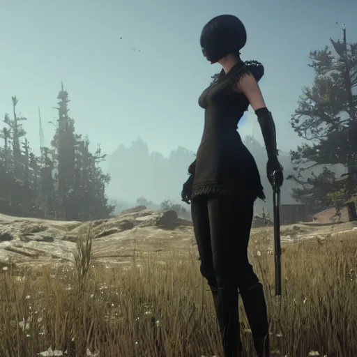 Image similar to Film still of 2B nier automata from Red Dead Redemption 2 (2018 video game)