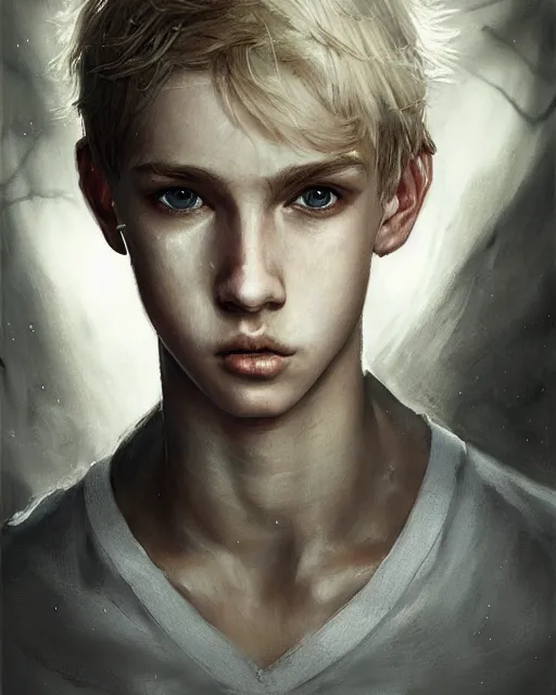 Image similar to portrait of 1 5 - year - old boy, with slender, white - blond hair, cold grey eyes, a pale complexion with sharp and pointed features, hyper realistic face, beautiful eyes, fantasy art, in the style of greg rutkowski, intricate, hyper detailed, smooth