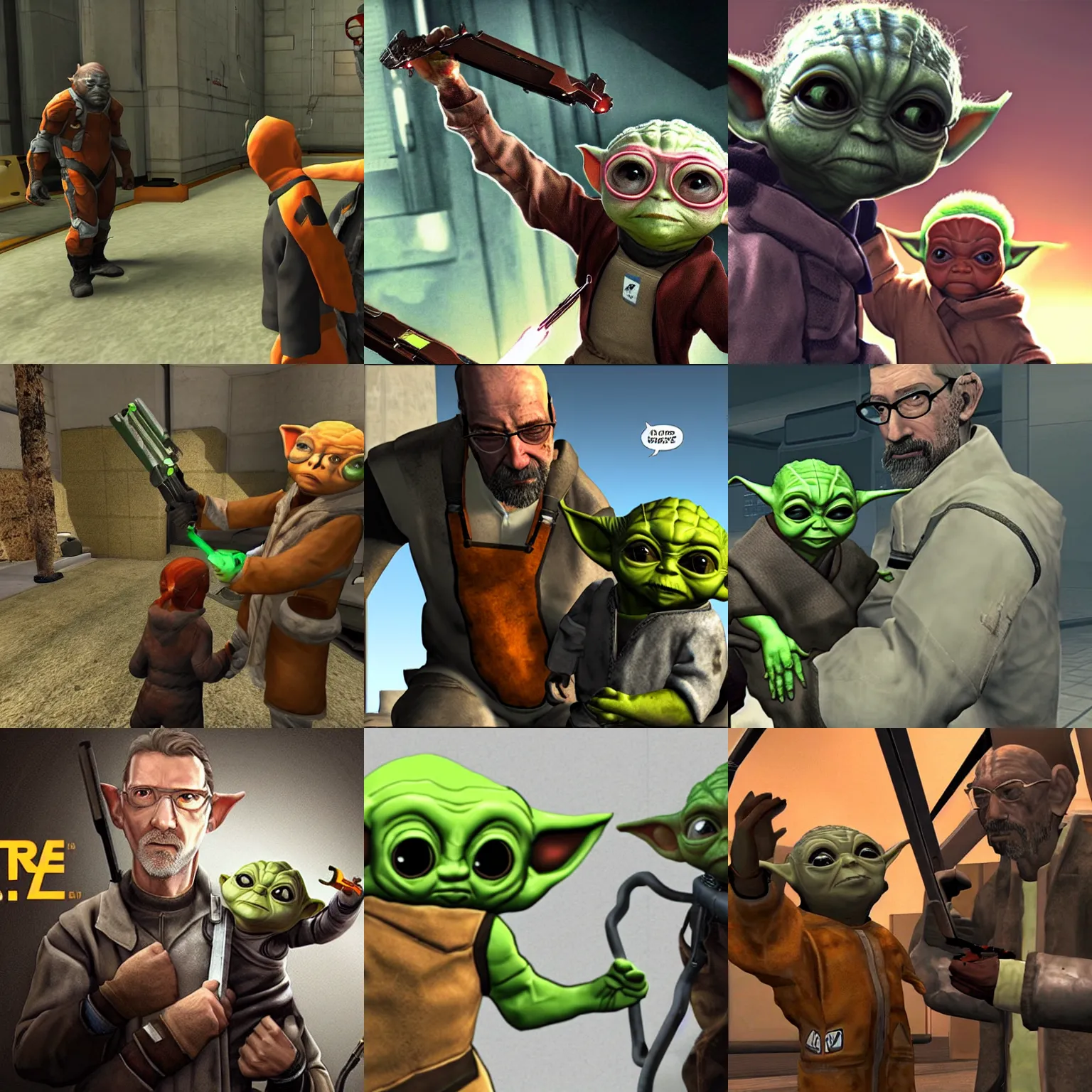 Prompt: half-life 3, gordon freeman finds baby yoda