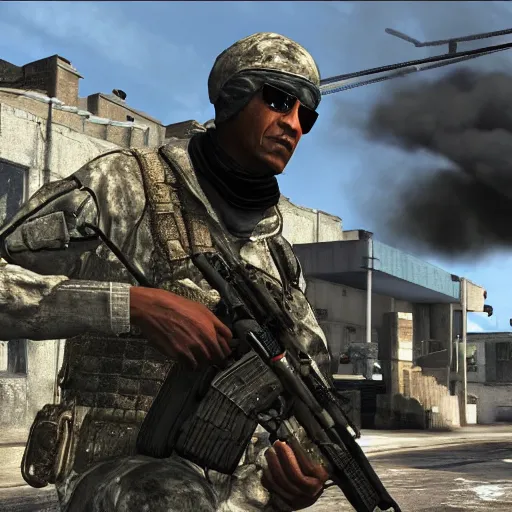 Image similar to screenshot of president obama in call of duty modern warfare 2 whit a sniper rifle crouched, good graphic, highly detailed, rtx engine, nvidia geforce