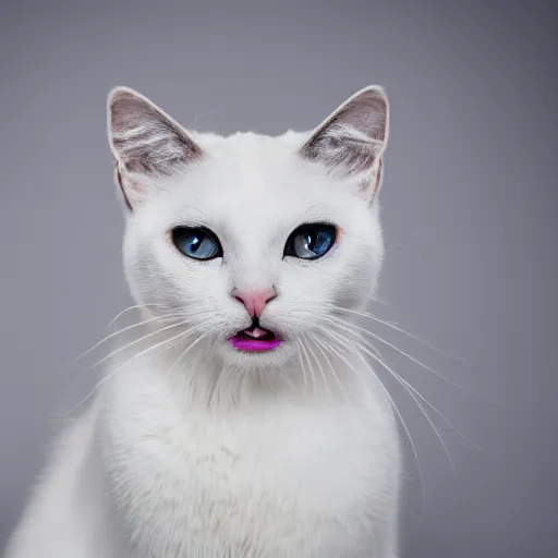Image similar to A photograph of a white cat looking at camera, with black fur around her eyes, sticking tongue out, warm lighting, 4k, 8k, hd