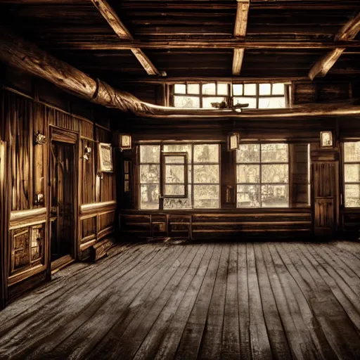 Prompt: Empty Old West Saloon at the break of day, dust particles in the air, god beams coming through the windows, hyper realistic, HD, DLSR Camera, Rococo style