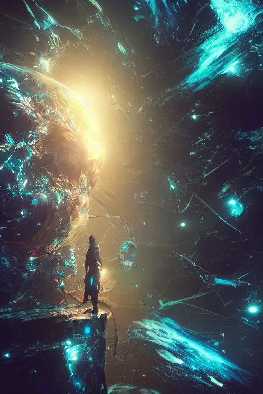 Image similar to letting go of reality and experiencing the quantum feild, comic book art, cinematic, highly detailed, realistic, beautiful cosmic neural network, octane render, unreal engine, depth of field, trending on artstation, sharp focus