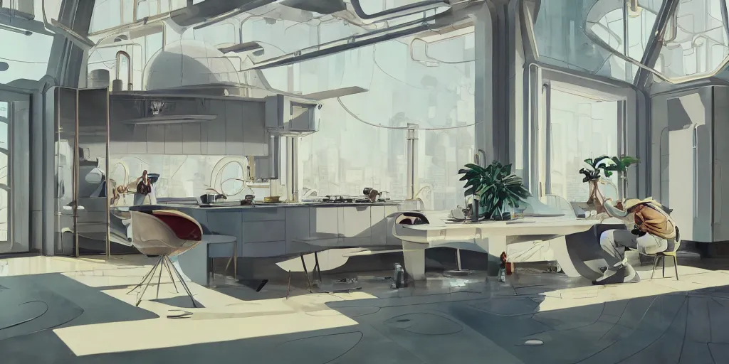 Image similar to a beautiful illustration of futuristic kitchen, lots of furniture, big medium small, sacred geometry, golden ratio, in watercolor gouache detailed paintings, in style of syd mead, trending on artstation, 8 k, panel, hard surface, wallpaper, zaha hadid, scattered props, plant, cozy, decoration, simon stalenhag, wes anderson, cyberpunk, insanely detailed