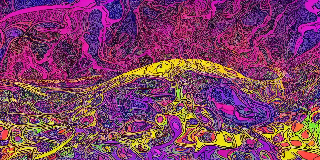Prompt: a highly detailed illustration of psychedelic world, by moebius, by alex gray, full resolution, blue, pink, purple, yellow, red, green