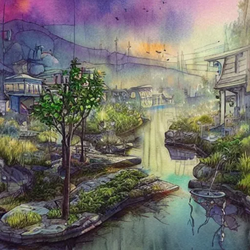 Image similar to Beautiful happy picturesque charming sci-fi town in harmony with nature. Beautiful light. Water and plants. Nice colour scheme, soft warm colour. Beautiful detailed artistic watercolor by Lurid. (2022)