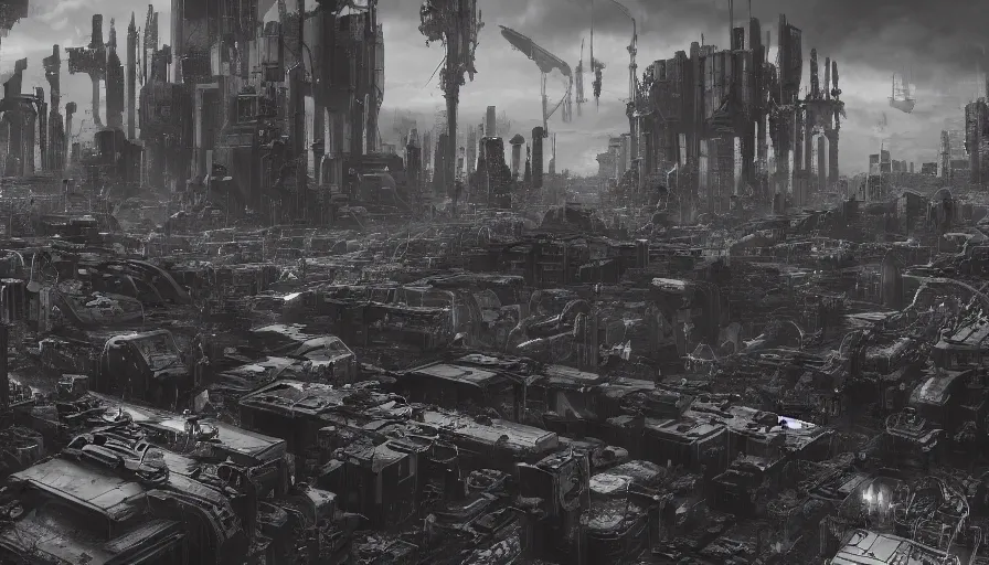 Prompt: cyberpunk wasteland vast area with thousands skulls of humans and robots and broken war machine mechs, trending on artstation hq, deviantart, unreal engine 5, 4 k uhd image, full 3 d, hyperrealistic dmt style, only high contrast colour of black and white