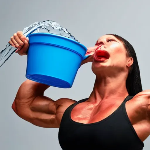 Prompt: a very muscular woman is holding a transparent bucket, water is pouring from her mouth into the bucket